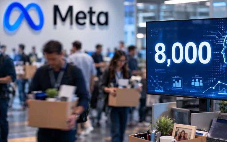 Futuristic corporate office scene showing AI-driven layoffs, tech workers, Meta restructuring, artificial intelligence systems, and the future of American tech jobs