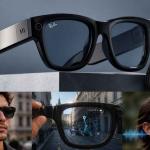 Meta Ray-Ban smart glasses with built-in AI, camera, and audio features worn in everyday urban setting.