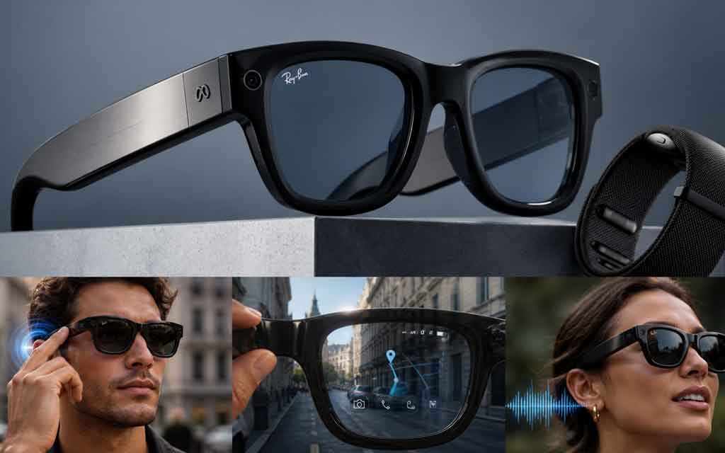 Meta Ray-Ban smart glasses with built-in AI, camera, and audio features worn in everyday urban setting.