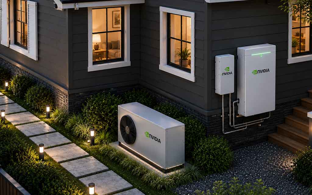 Nvidia-powered mini AI data center installed outside a modern home, providing distributed AI computing and smart energy management