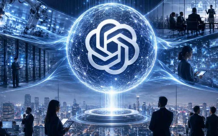 Futuristic enterprise AI deployment concept featuring OpenAI agentic AI systems, automation dashboards, data centers, and business workflow intelligence