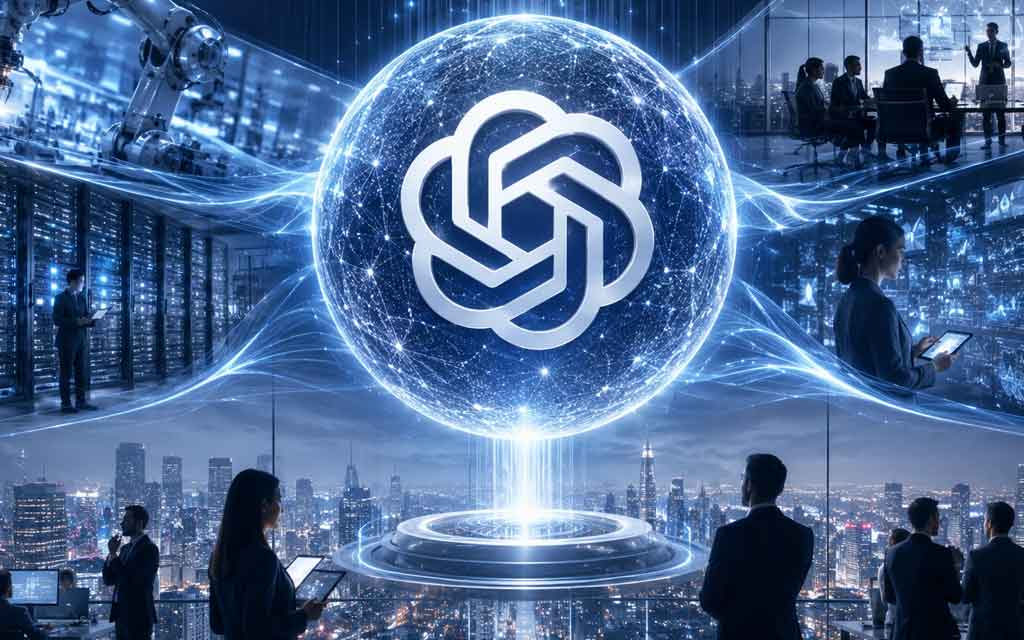 Futuristic enterprise AI deployment concept featuring OpenAI agentic AI systems, automation dashboards, data centers, and business workflow intelligence