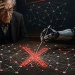 Advanced artificial intelligence system solving complex mathematical geometry problems with equations, discrete geometry visuals, and futuristic AI reasoning technology