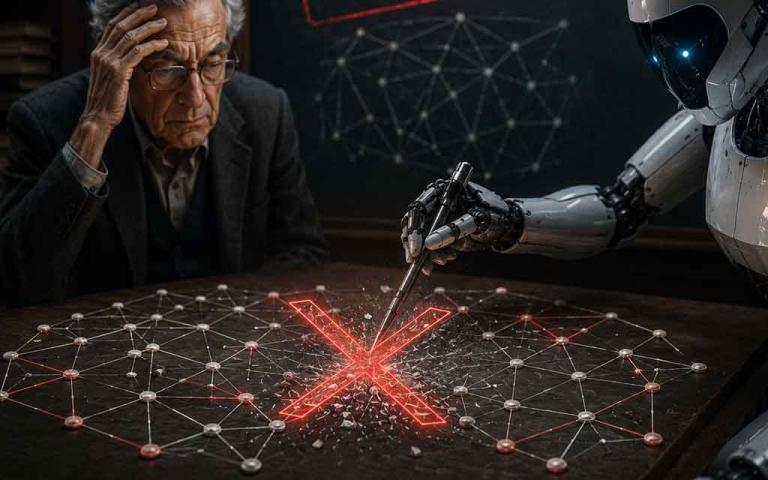 Advanced artificial intelligence system solving complex mathematical geometry problems with equations, discrete geometry visuals, and futuristic AI reasoning technology