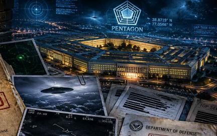Declassified Pentagon UFO files showing unidentified aerial phenomena, military aircraft encounters, glowing orbs, and government transparency efforts