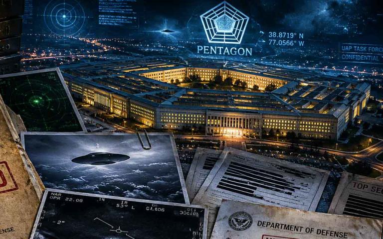Declassified Pentagon UFO files showing unidentified aerial phenomena, military aircraft encounters, glowing orbs, and government transparency efforts
