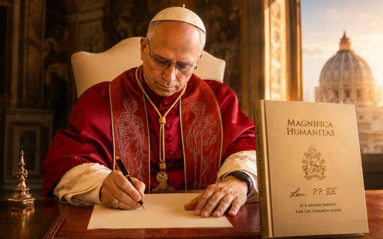 Pope Leo XIV discussing artificial intelligence ethics with futuristic AI visuals, Vatican symbolism, and human-centered technology themes