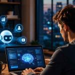 Entrepreneur using AI tools on a laptop to build a profitable side hustle business from home in the United States