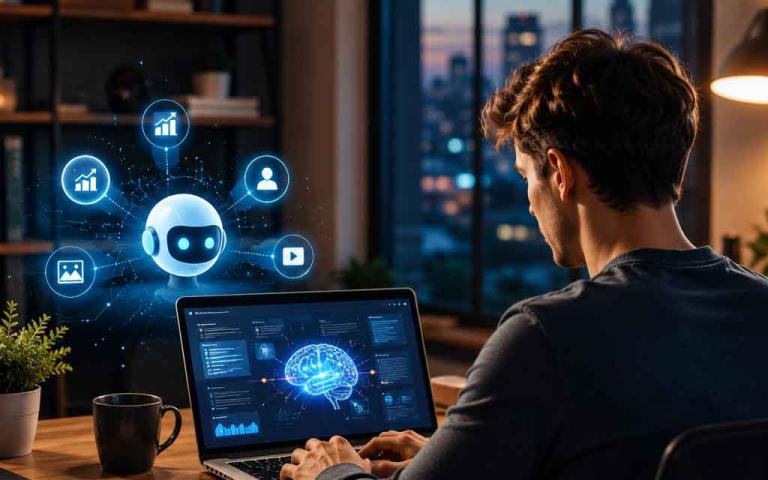 Entrepreneur using AI tools on a laptop to build a profitable side hustle business from home in the United States