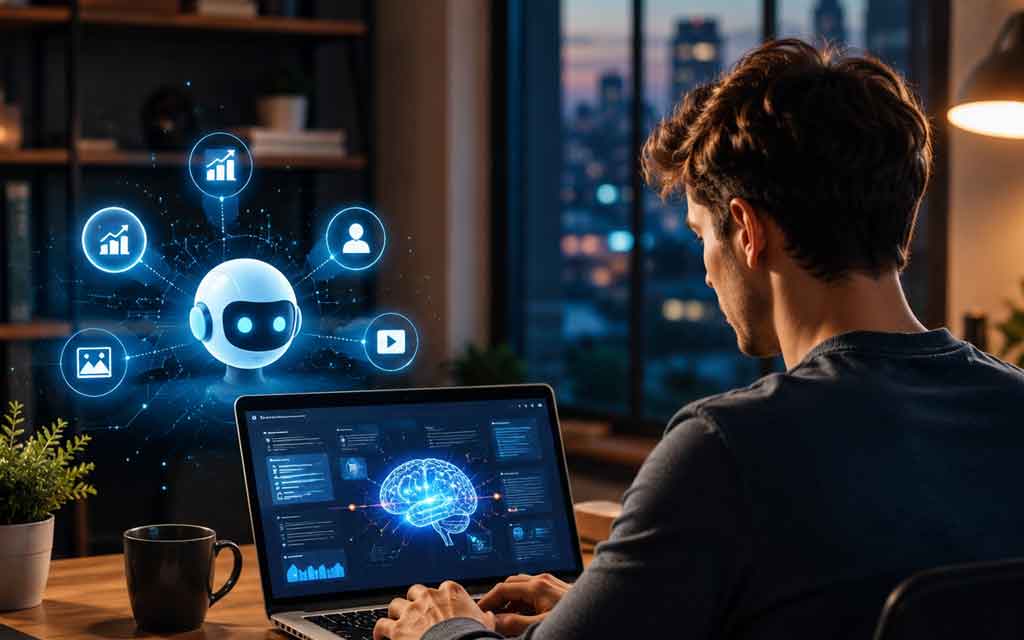 Entrepreneur using AI tools on a laptop to build a profitable side hustle business from home in the United States