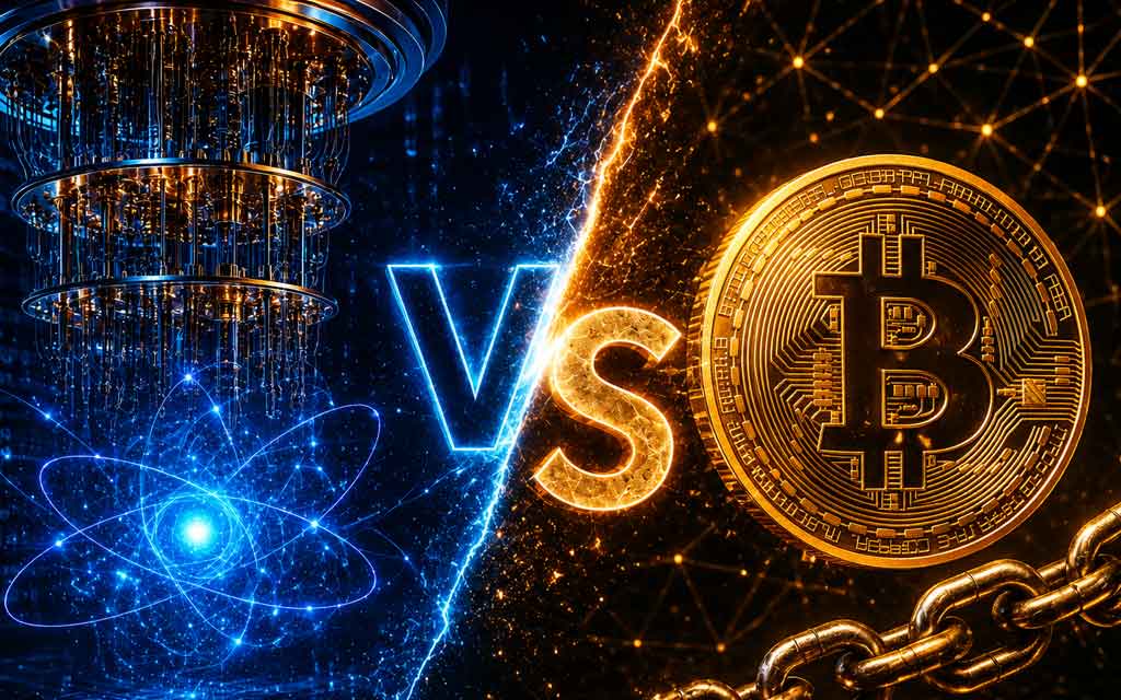 Futuristic quantum computer confronting Bitcoin cryptocurrency with advanced cryptography, blockchain security, digital finance, and next-generation quantum technology