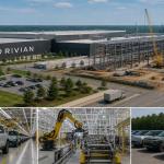 Rivian electric vehicle manufacturing plant construction in Georgia with large-scale EV production facilities.