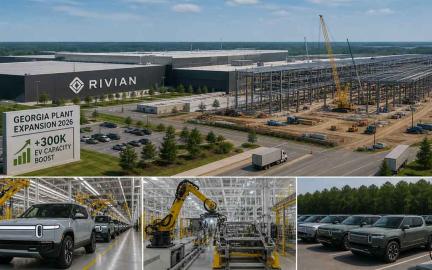 Rivian electric vehicle manufacturing plant construction in Georgia with large-scale EV production facilities.