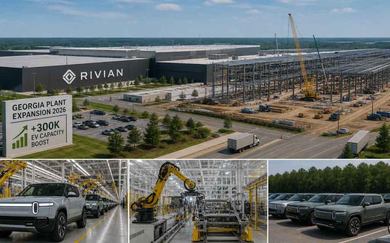 Rivian electric vehicle manufacturing plant construction in Georgia with large-scale EV production facilities.