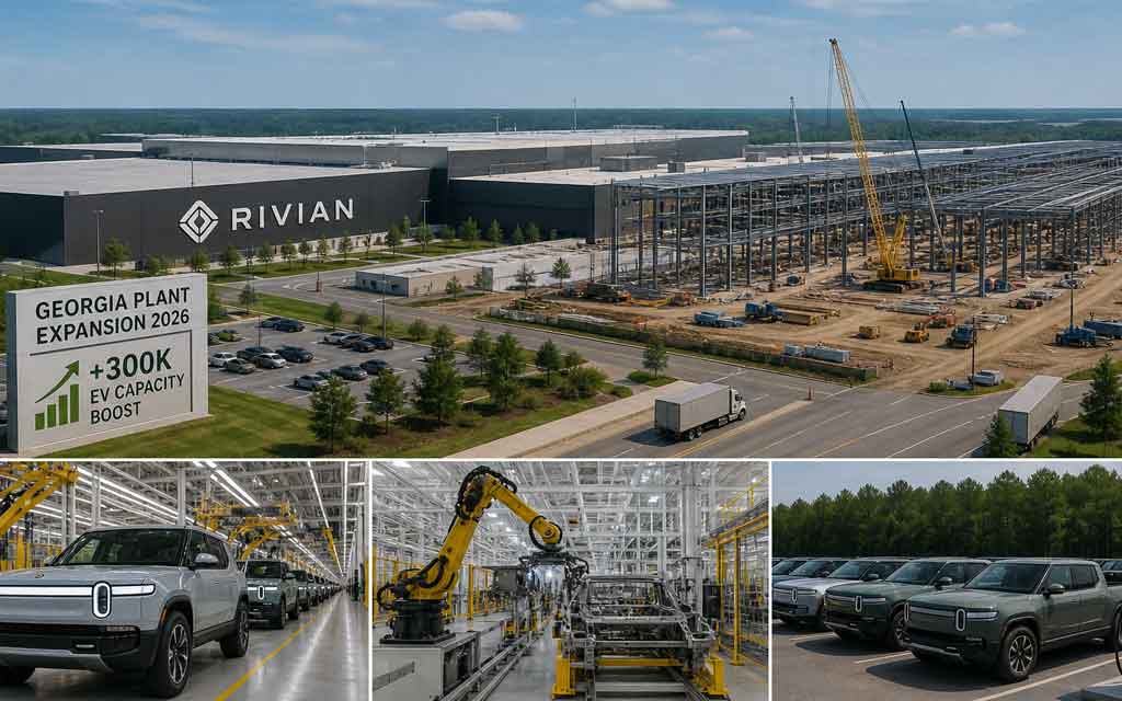 Rivian electric vehicle manufacturing plant construction in Georgia with large-scale EV production facilities.