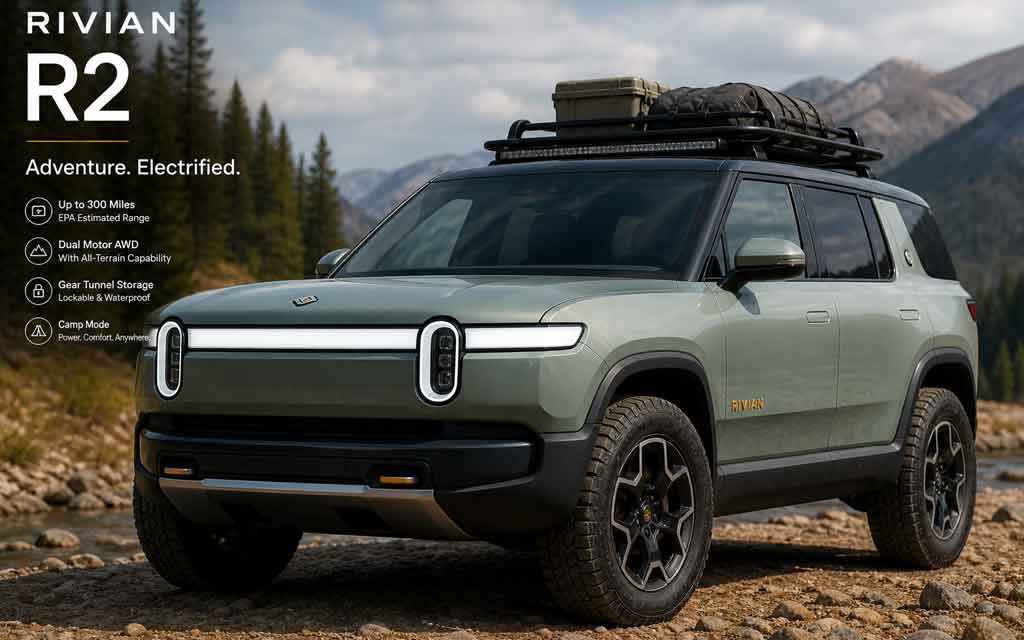Rivian R2 electric SUV designed for adventure with rugged styling, off-road capability, and modern EV features.