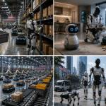 Futuristic robotics ecosystem in 2026 featuring humanoid robots, smart home companion robots, warehouse automation, AI-powered service robots, and advanced robotic technology