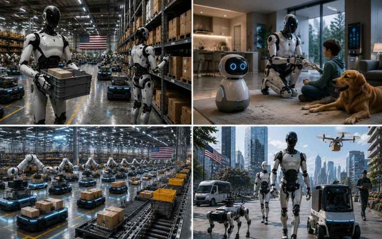 Futuristic robotics ecosystem in 2026 featuring humanoid robots, smart home companion robots, warehouse automation, AI-powered service robots, and advanced robotic technology