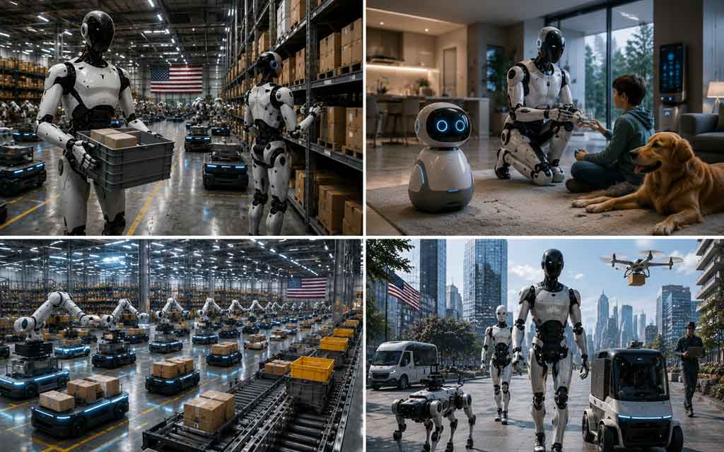 Futuristic robotics ecosystem in 2026 featuring humanoid robots, smart home companion robots, warehouse automation, AI-powered service robots, and advanced robotic technology
