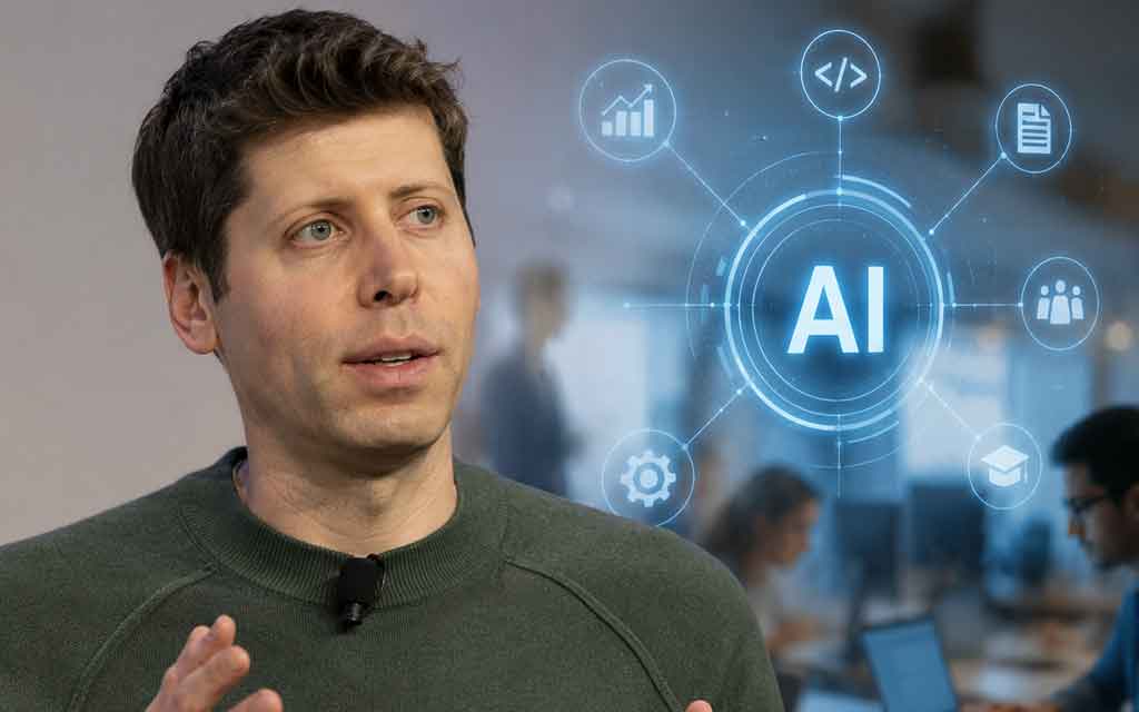 OpenAI CEO Sam Altman discussing AI, jobs, automation, and the future of work at a global technology conference