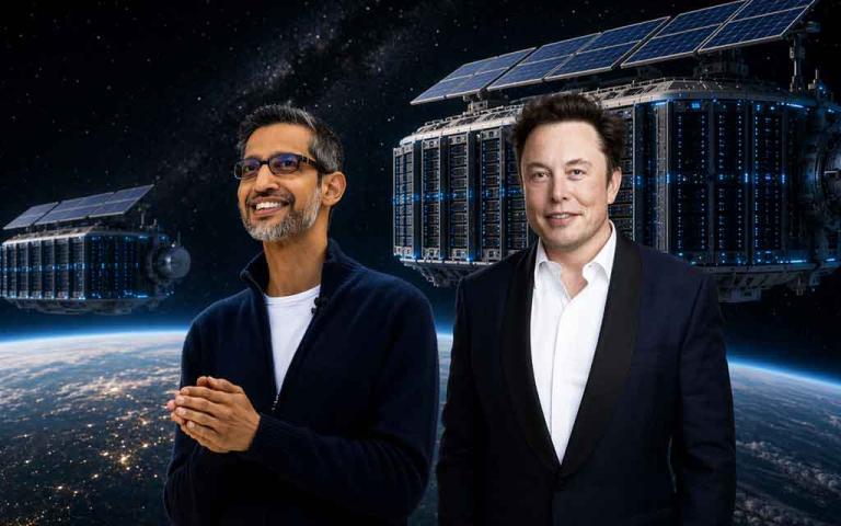 AI-powered space data centers orbiting Earth using solar energy, inspired by Sundar Pichai and Elon Musk’s vision.