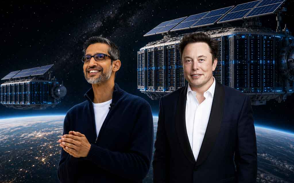 AI-powered space data centers orbiting Earth using solar energy, inspired by Sundar Pichai and Elon Musk’s vision.