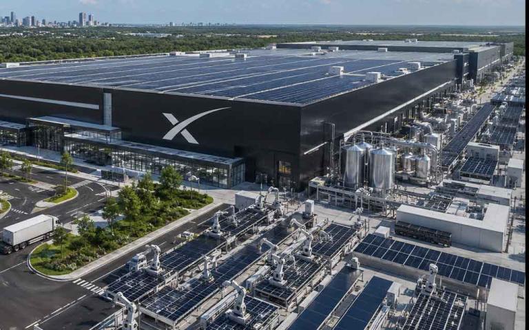 Massive futuristic SpaceX solar manufacturing facility in Texas powering orbital AI data centers with advanced solar panels, satellites, AI infrastructure, and renewable energy systems