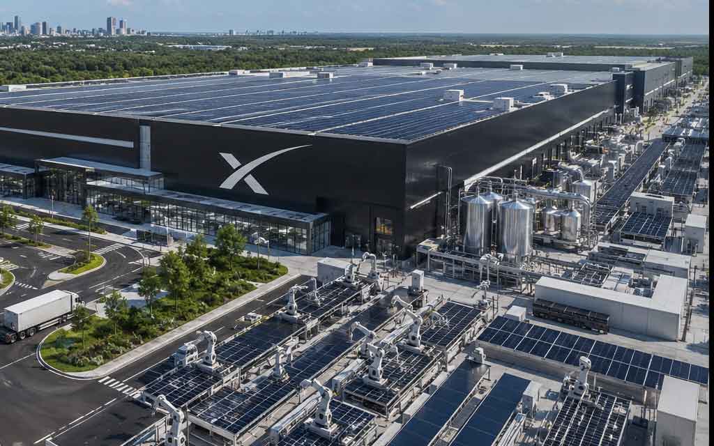Massive futuristic SpaceX solar manufacturing facility in Texas powering orbital AI data centers with advanced solar panels, satellites, AI infrastructure, and renewable energy systems