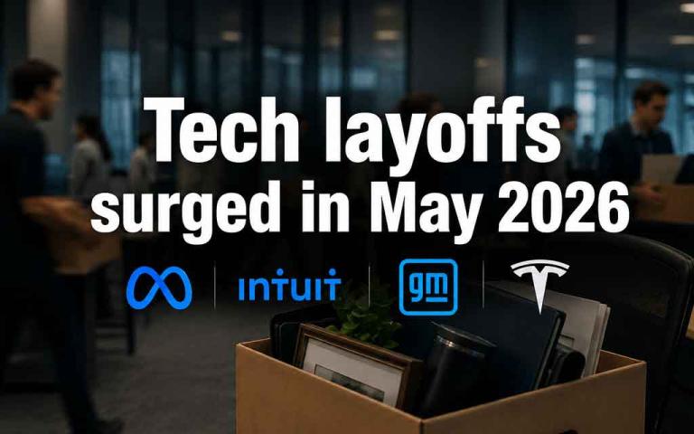 Tech industry layoffs in 2026 showing AI-driven workforce restructuring at Meta, Intuit, GM, and major U.S. technology companies