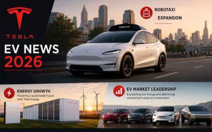 Futuristic Tesla ecosystem featuring Robotaxis, Megapack energy storage systems, Optimus humanoid robots, electric vehicles, and advanced American clean energy technology