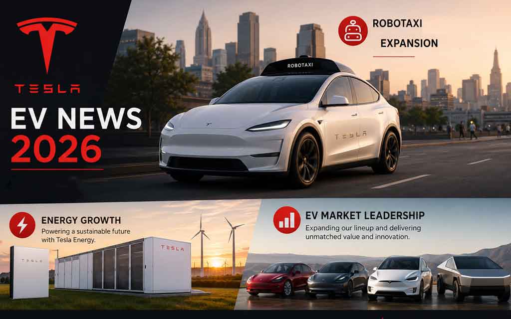 Futuristic Tesla ecosystem featuring Robotaxis, Megapack energy storage systems, Optimus humanoid robots, electric vehicles, and advanced American clean energy technology