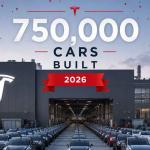 Tesla Giga Berlin factory with rows of Tesla electric vehicles parked outside, celebrating the 750,000 cars built milestone in 2026 with Tesla logo displayed on the building.
