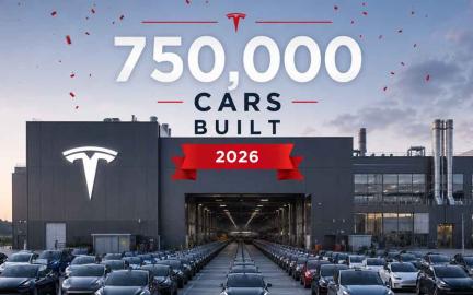 Tesla Giga Berlin factory with rows of Tesla electric vehicles parked outside, celebrating the 750,000 cars built milestone in 2026 with Tesla logo displayed on the building.