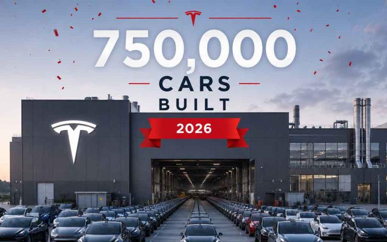 Tesla Giga Berlin factory with rows of Tesla electric vehicles parked outside, celebrating the 750,000 cars built milestone in 2026 with Tesla logo displayed on the building.
