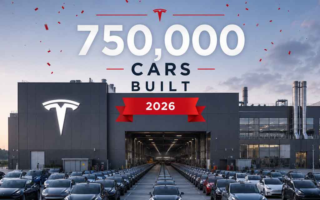 Tesla Giga Berlin factory with rows of Tesla electric vehicles parked outside, celebrating the 750,000 cars built milestone in 2026 with Tesla logo displayed on the building.