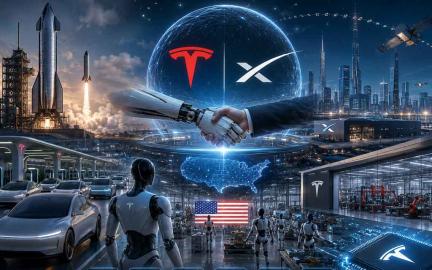 Futuristic Tesla and SpaceX concept featuring Robotaxis, Optimus humanoid robots, rockets, AI chip factories, EV technology, and advanced American innovation