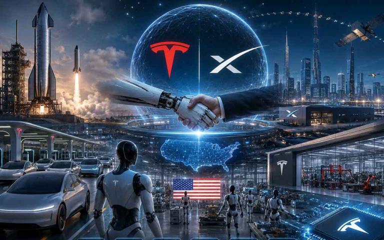 Futuristic Tesla and SpaceX concept featuring Robotaxis, Optimus humanoid robots, rockets, AI chip factories, EV technology, and advanced American innovation