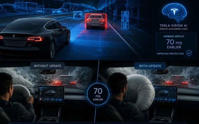 Tesla Vision AI predictive airbag deployment system improving crash safety in Tesla vehicles