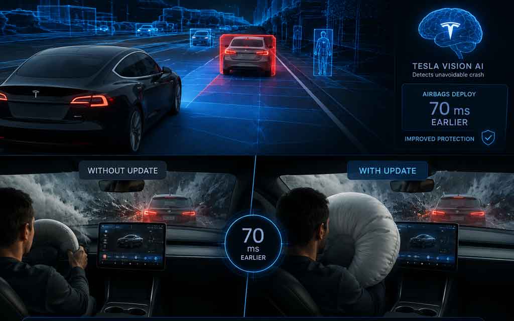 Tesla Vision AI predictive airbag deployment system improving crash safety in Tesla vehicles