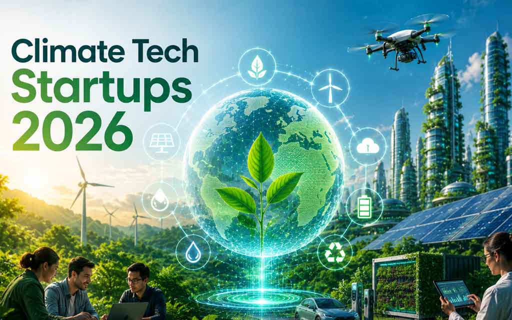 Futuristic climate tech ecosystem featuring AI-powered renewable energy, smart data centers, advanced materials, sustainable infrastructure, and green innovation startups