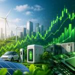 Futuristic renewable energy investment concept featuring solar farms, battery storage systems, wind turbines, AI-powered energy grids, and clean technology stock market growth