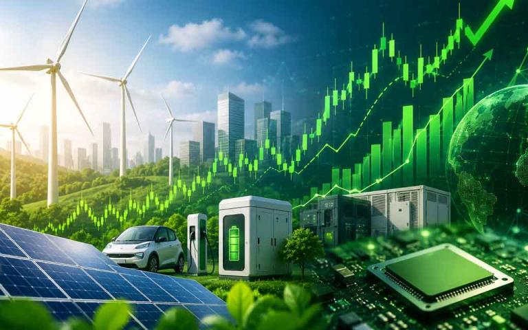 Futuristic renewable energy investment concept featuring solar farms, battery storage systems, wind turbines, AI-powered energy grids, and clean technology stock market growth