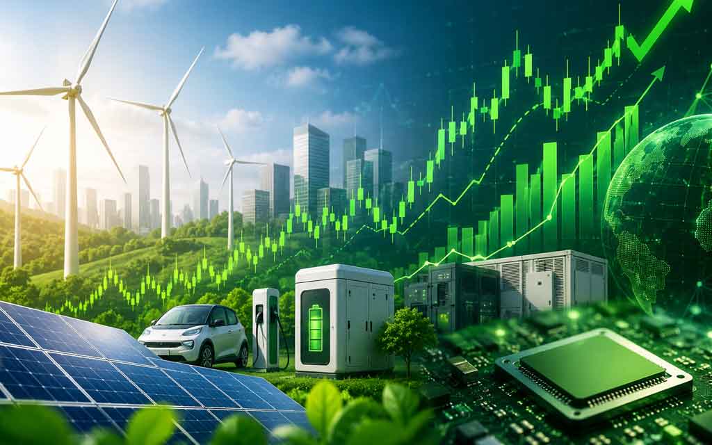 Futuristic renewable energy investment concept featuring solar farms, battery storage systems, wind turbines, AI-powered energy grids, and clean technology stock market growth