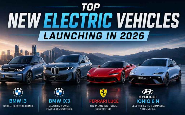 2026 electric vehicles lineup featuring BMW i3, BMW iX3, Ferrari Luce, Hyundai Ioniq 6 N, Rivian R2, and futuristic EV technology designs