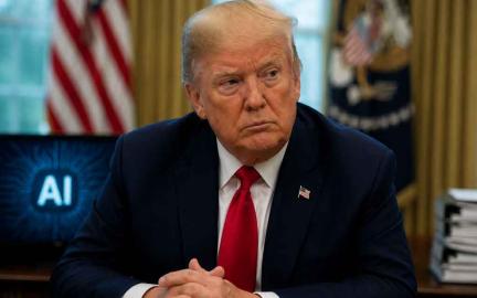 Donald Trump discussing AI policy with tech industry leaders, futuristic AI graphics, White House setting, and U.S. artificial intelligence race