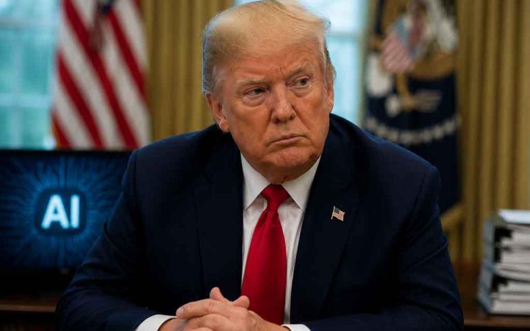 Donald Trump discussing AI policy with tech industry leaders, futuristic AI graphics, White House setting, and U.S. artificial intelligence race