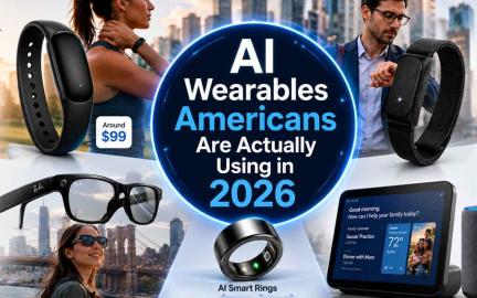 AI-powered wearable gadgets including smart fitness trackers, AI assistants, smart glasses, and health devices designed for everyday Americans