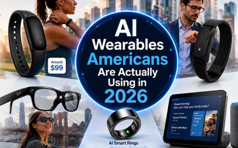 AI-powered wearable gadgets including smart fitness trackers, AI assistants, smart glasses, and health devices designed for everyday Americans