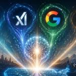 Advanced AI models from OpenAI, xAI, Google, and Anthropic with futuristic interfaces, agentic AI systems, and American AI innovation