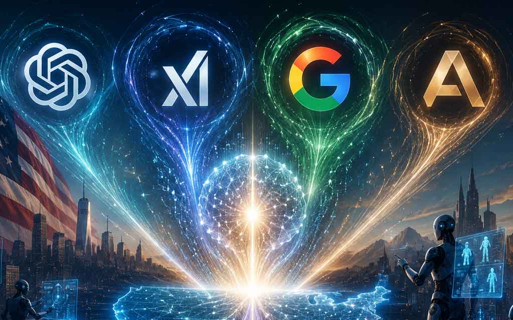 Advanced AI models from OpenAI, xAI, Google, and Anthropic with futuristic interfaces, agentic AI systems, and American AI innovation